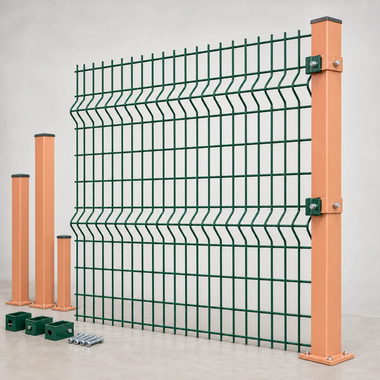 green 3D welded mesh fence panel with peach posts clamps and accessories