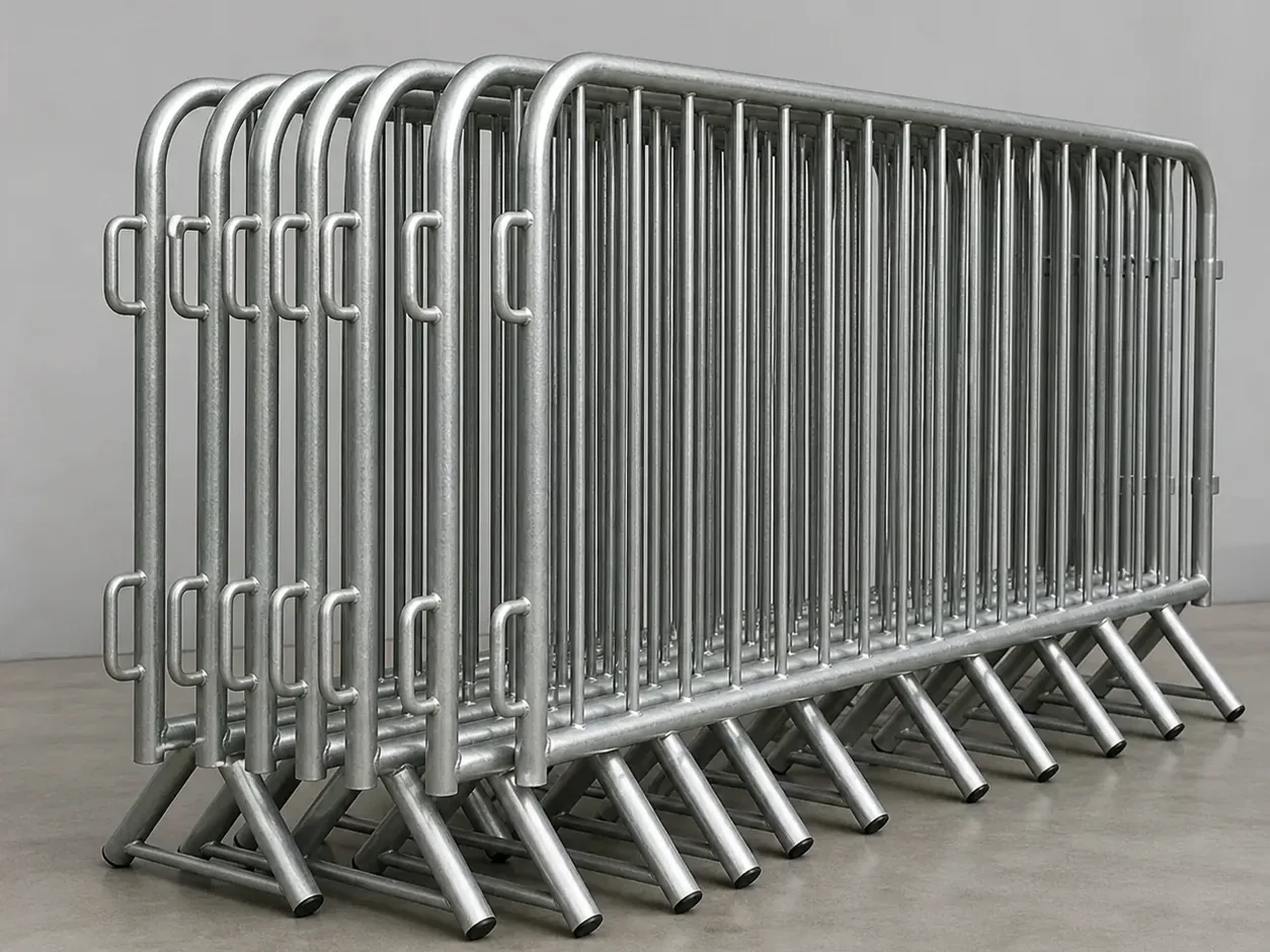 galvanized crowd control barriers with interlocking hooks rounded frames and bridge feet