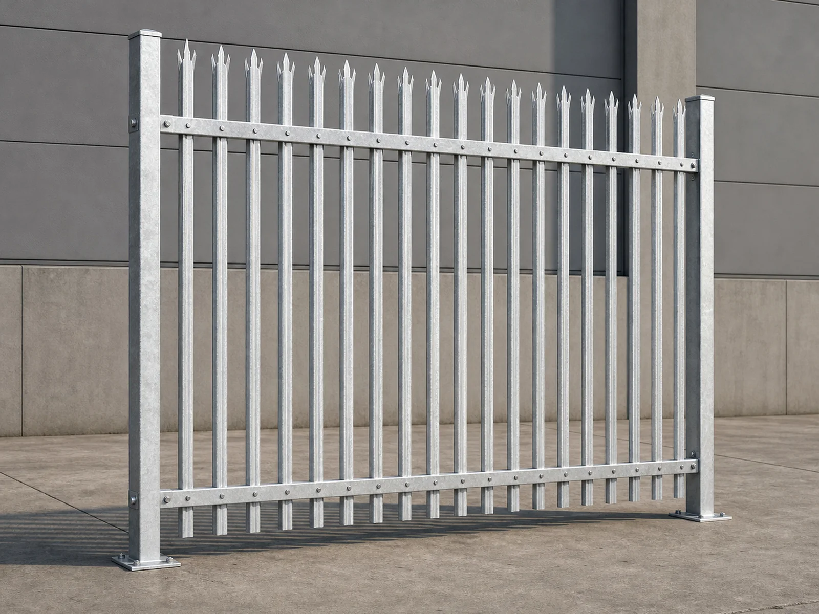 complete galvanized steel palisade fence panel with vertical pales rails posts and bolts