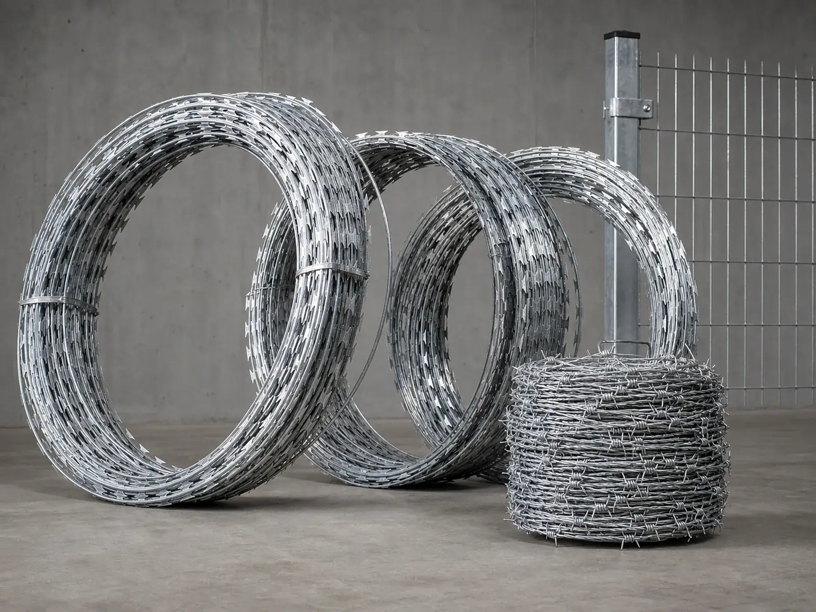 concertina razor wire coils and a separate double strand barbed wire coil