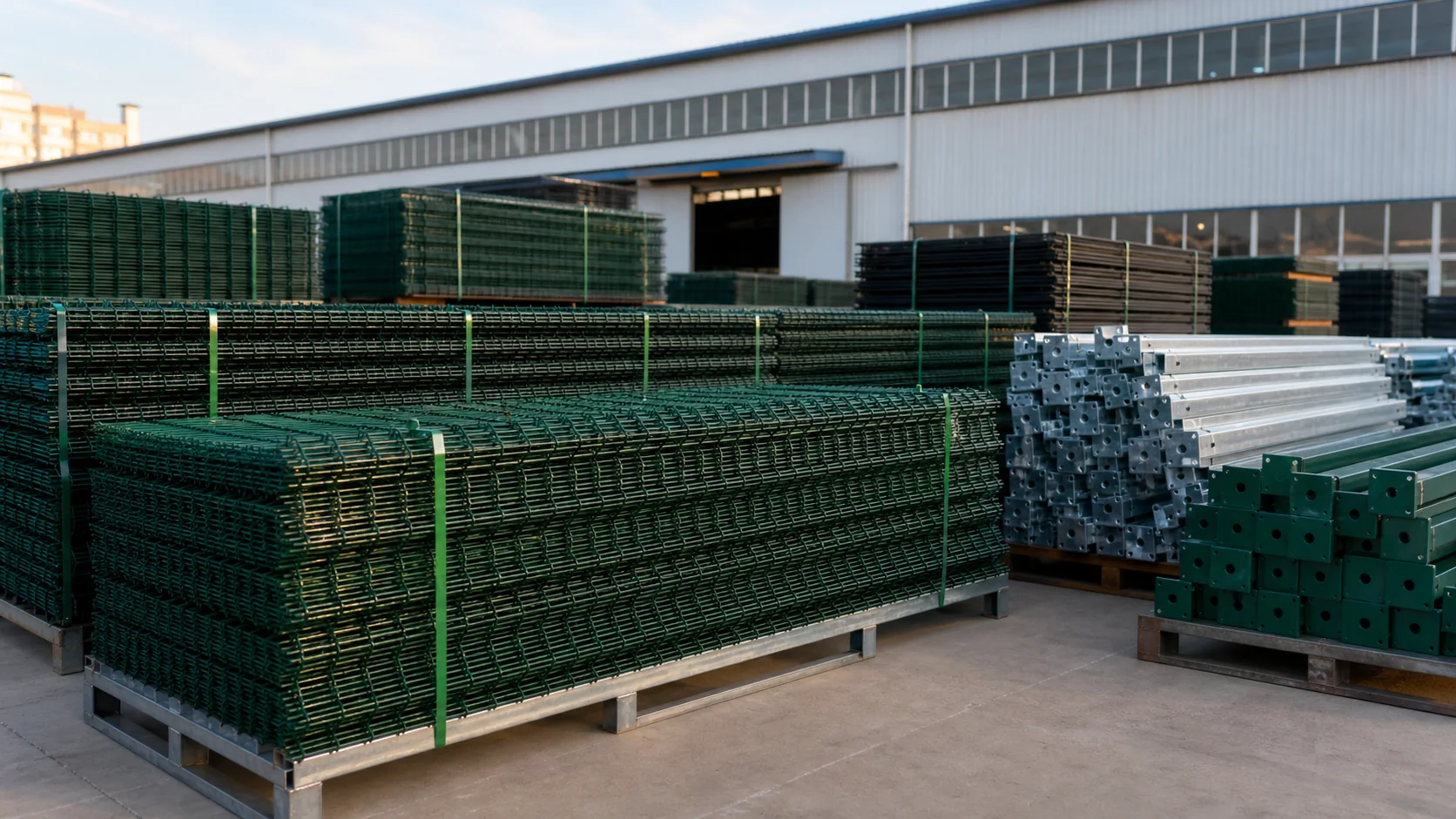 wire mesh fence panels stacked in factory workshop