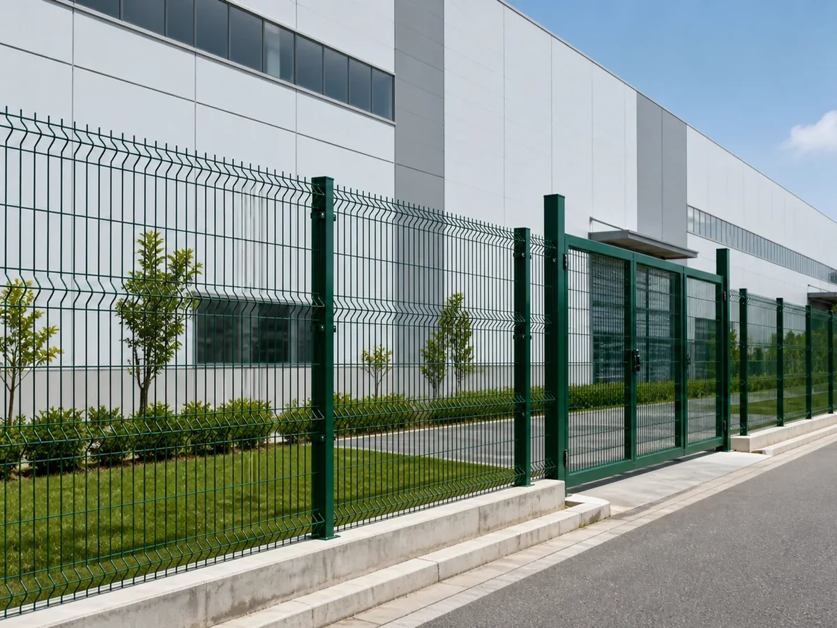 installed green 3D welded mesh fence with V-bend panels, posts and gate