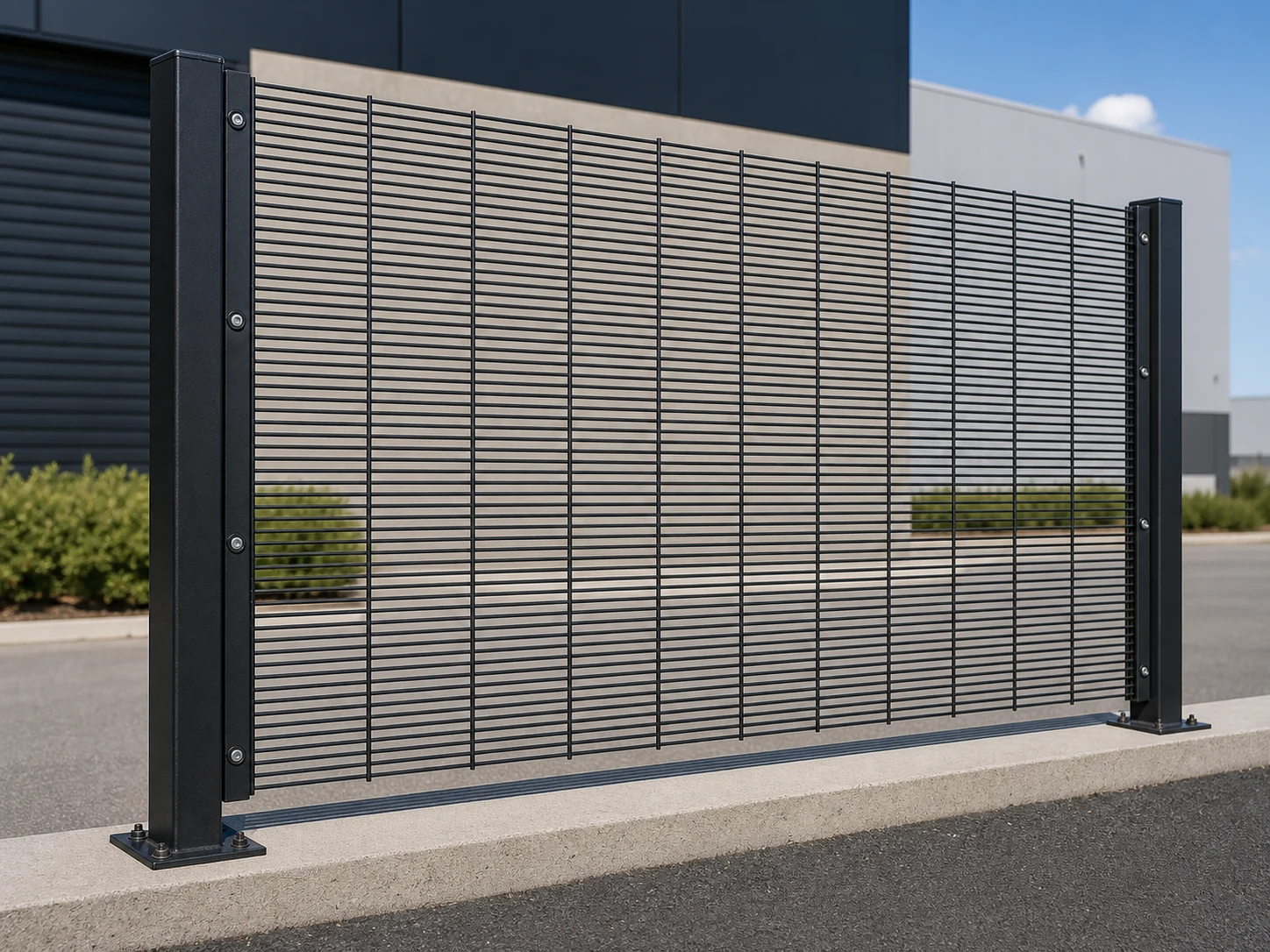 black 358 anti climb welded mesh panel with narrow horizontal apertures posts and flat bar fixings