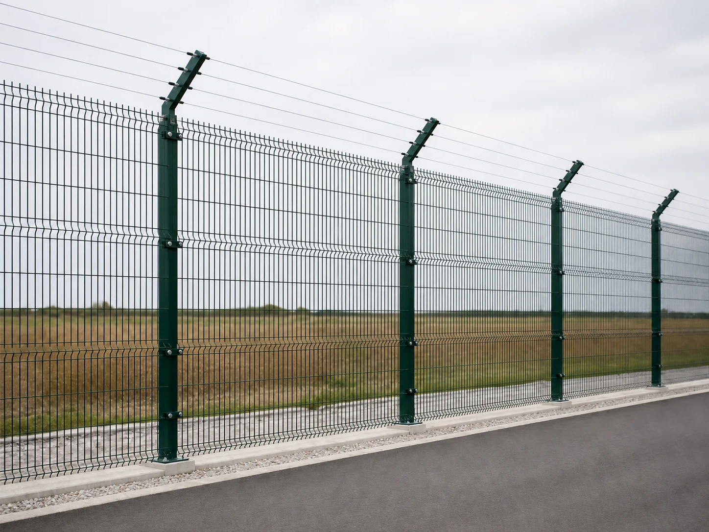 rigid welded mesh security fence panels with outward angled post extensions and horizontal security wires