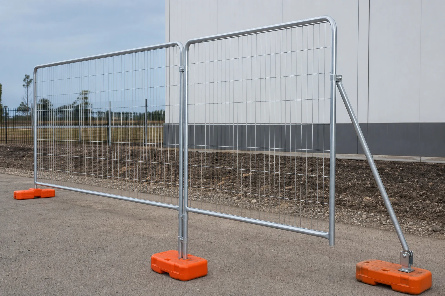 Australian temporary fence panels with orange plastic feet top clamps and stabilizer brace