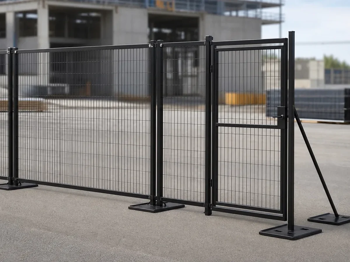 Canadian-style portable welded mesh fence panels with removable steel feet top connectors brace and pedestrian gate