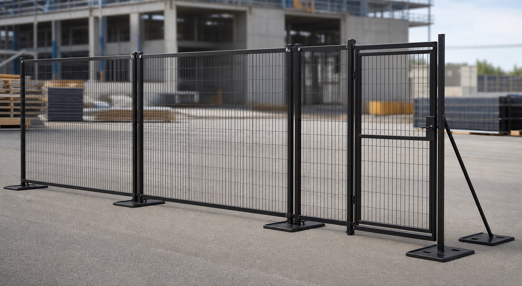 Canadian-style portable welded mesh fence panels with removable steel feet top connectors brace and pedestrian gate