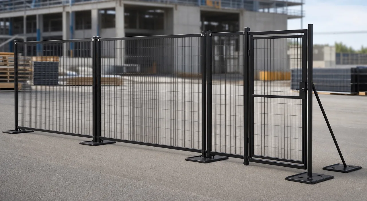 Canadian-style portable welded mesh fence panels with removable steel feet top connectors brace and pedestrian gate