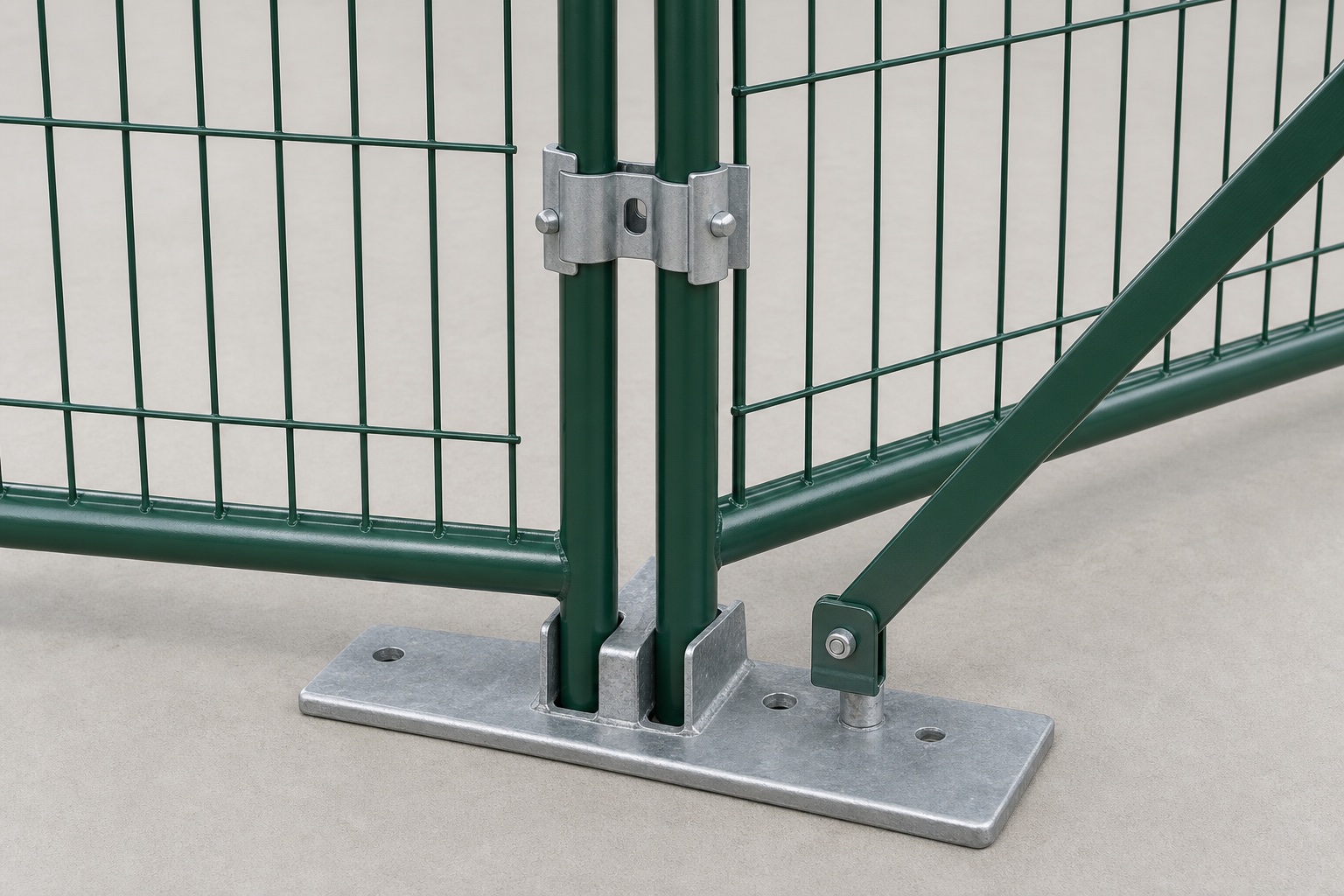 Canadian temporary fence steel base panel connector and diagonal brace hardware detail