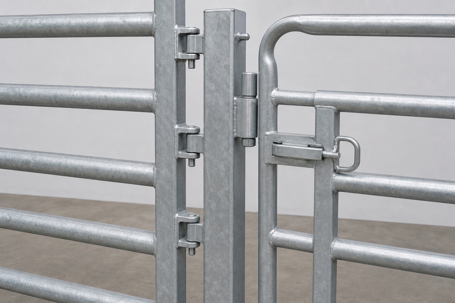 heavy galvanized cattle corral panel connection gate hinge and livestock safe latch detail