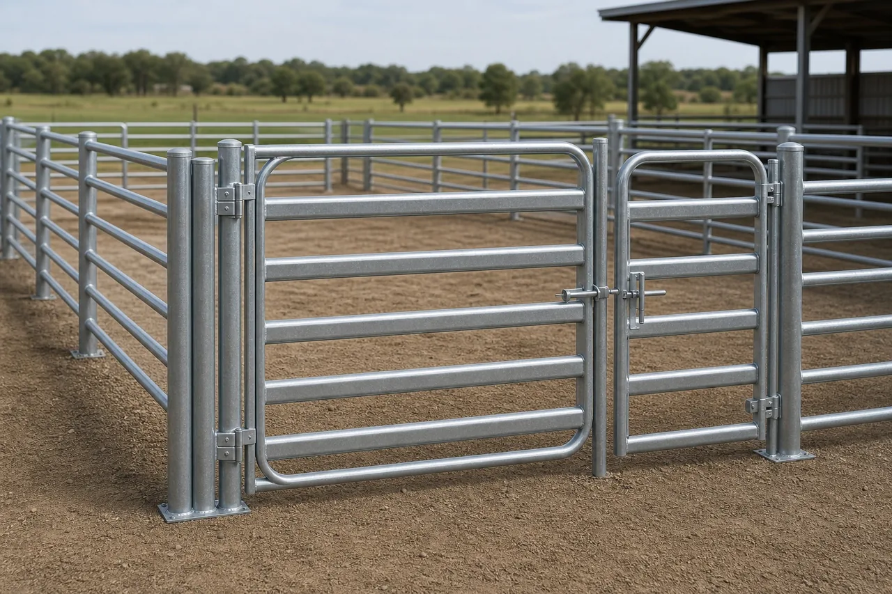 heavy galvanized cattle corral panels with reinforced rails wide gate manway gate and ranch handling layout