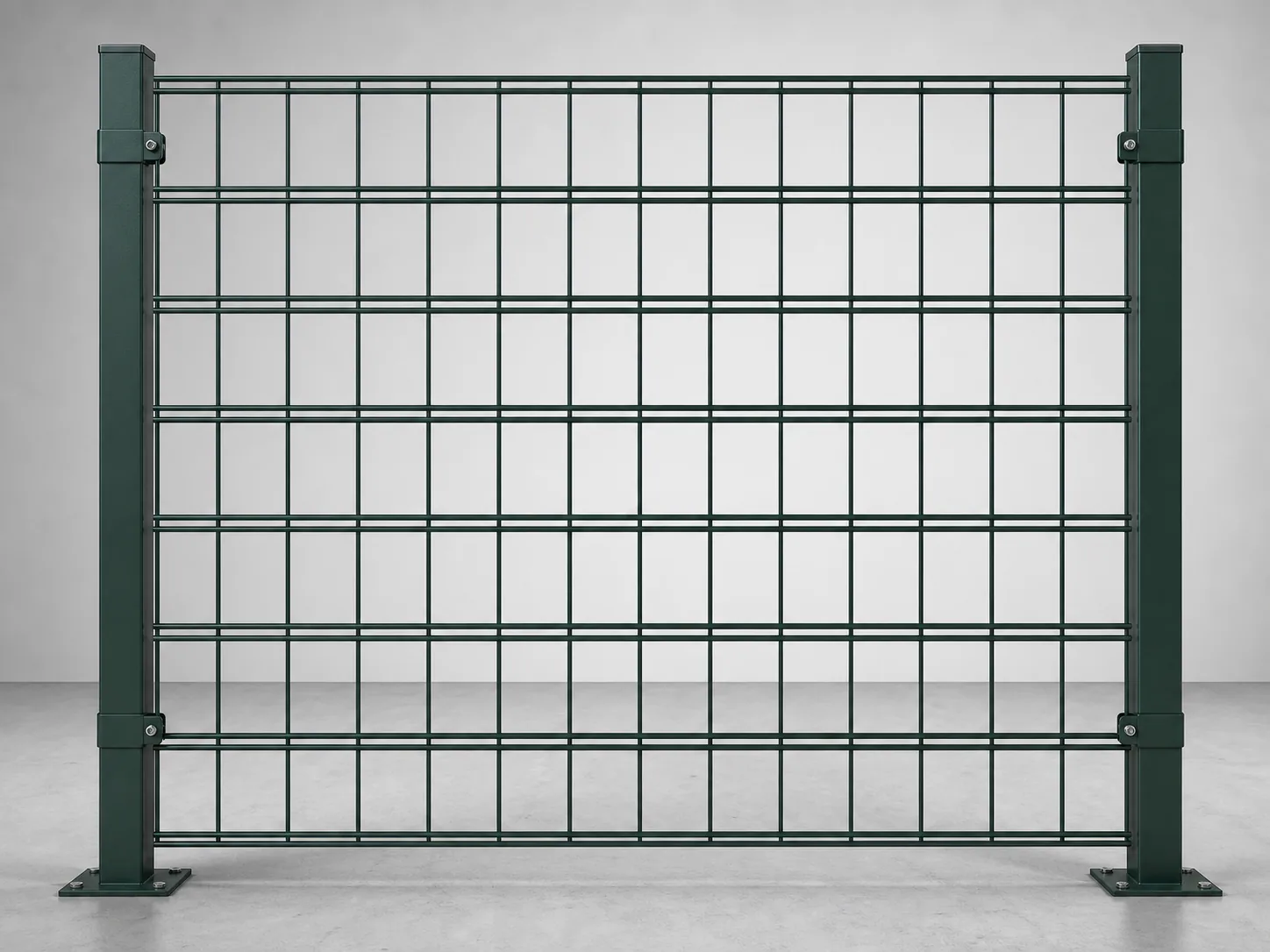 flat double wire fence panel with visible twin horizontal wires square posts clamps and base plates