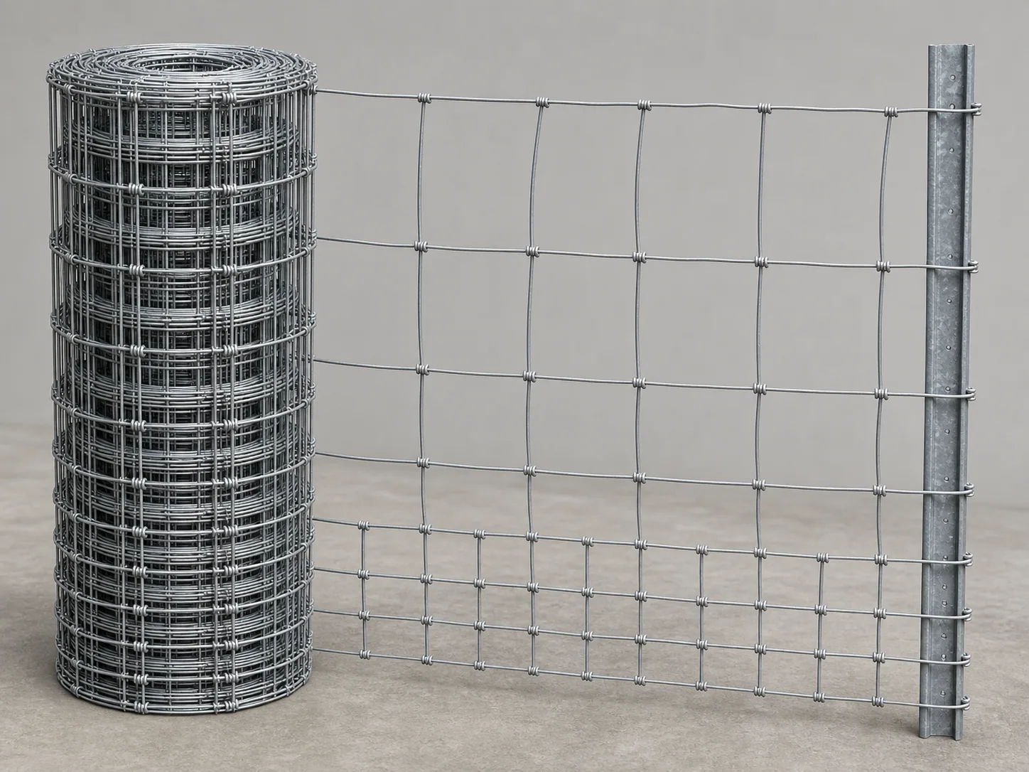 galvanized hinge joint farm field fence roll with graduated openings and T-post installation sample