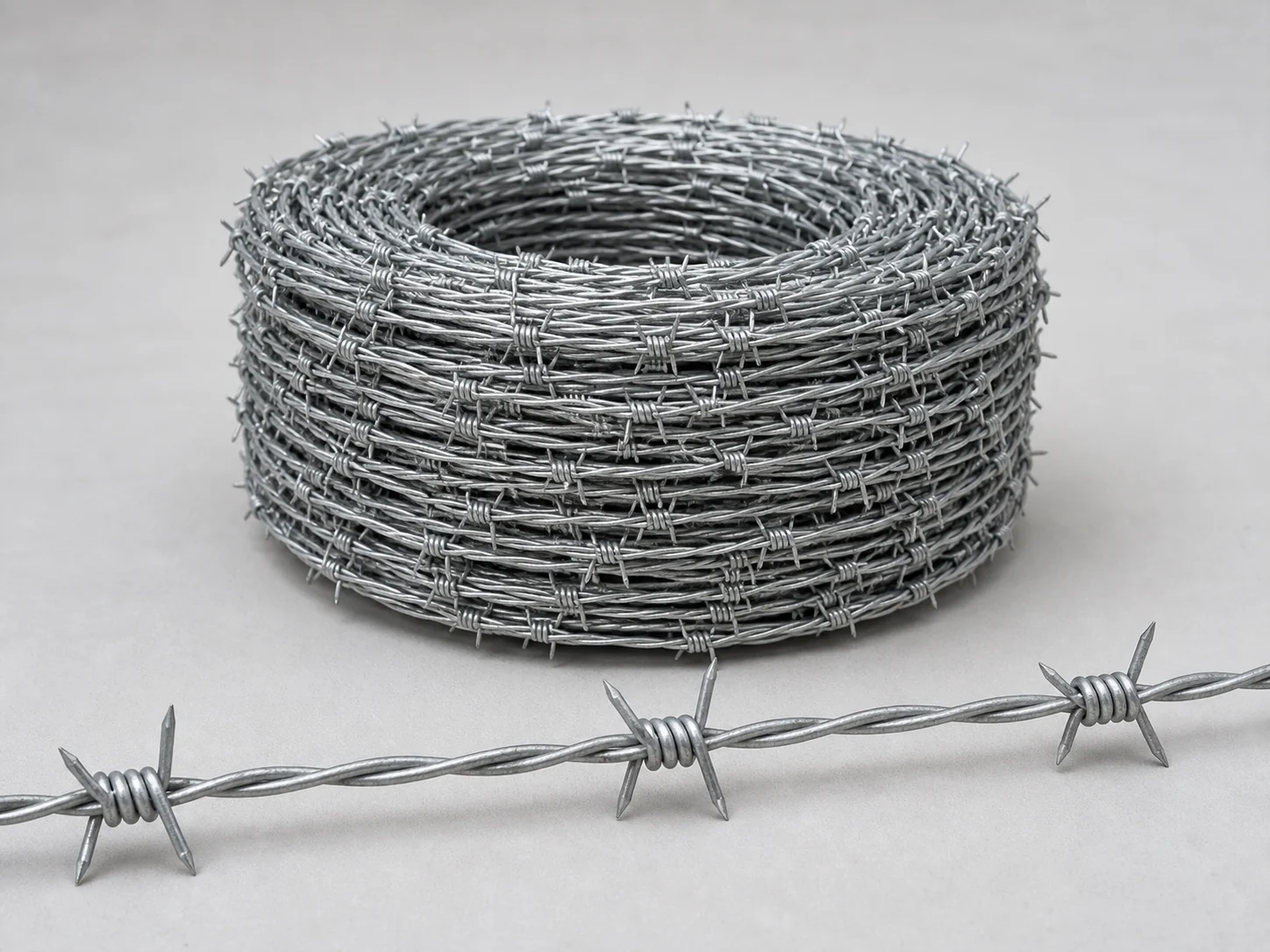 complete galvanized double strand barbed wire coil with four point barbs and regular barb spacing
