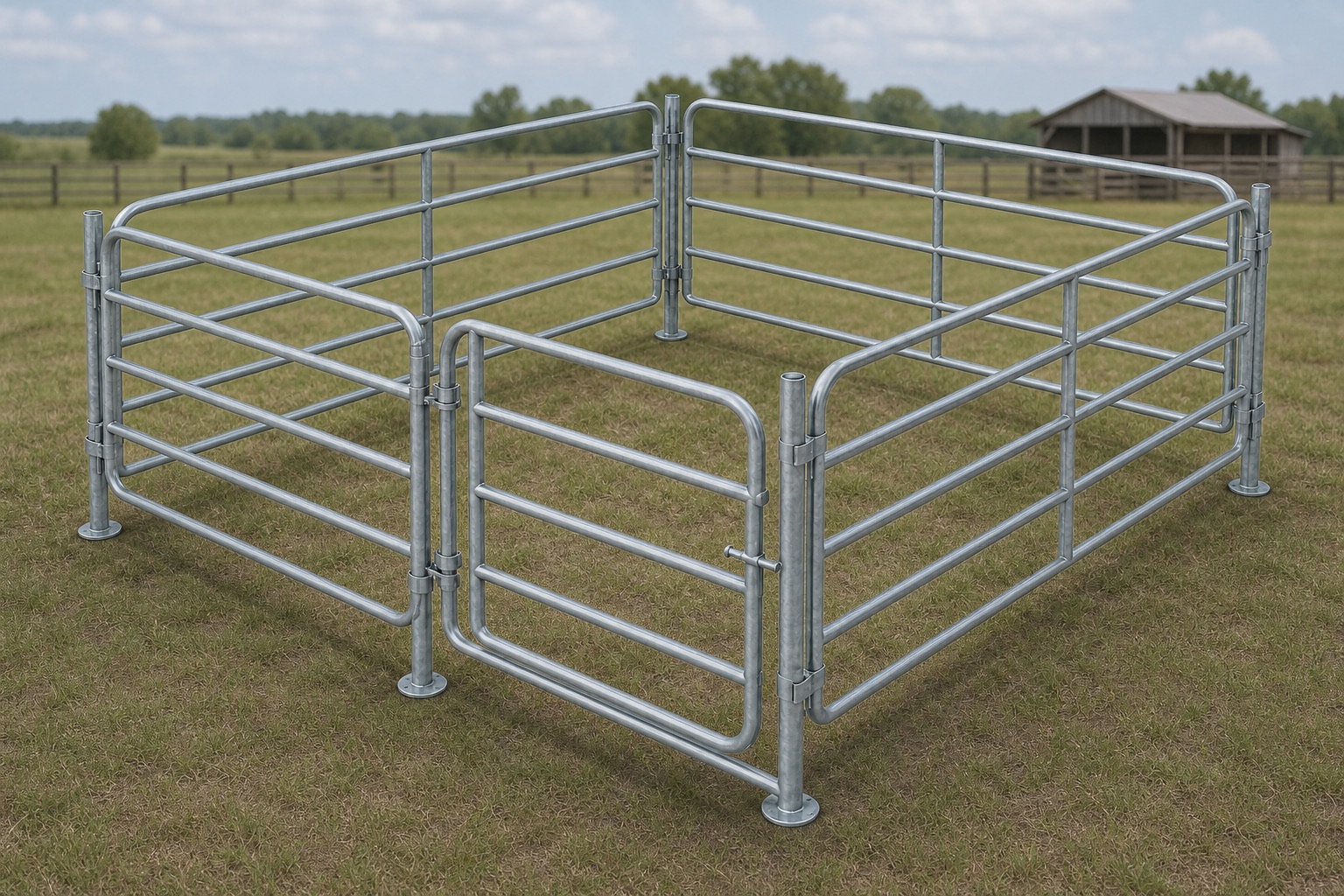 configurable galvanized horse yard panels with matching gate connectors and ground feet