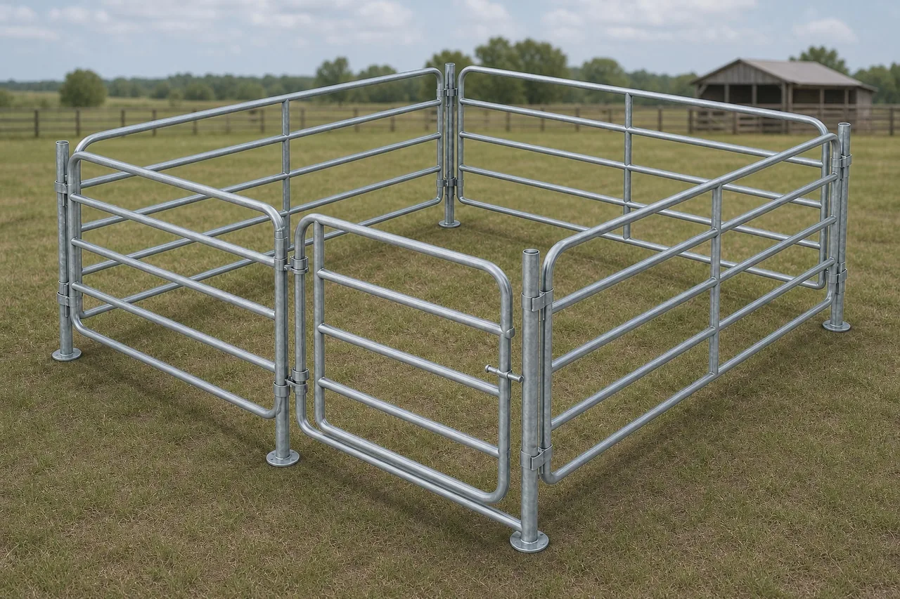 configurable galvanized horse yard panels with matching gate connectors and ground feet