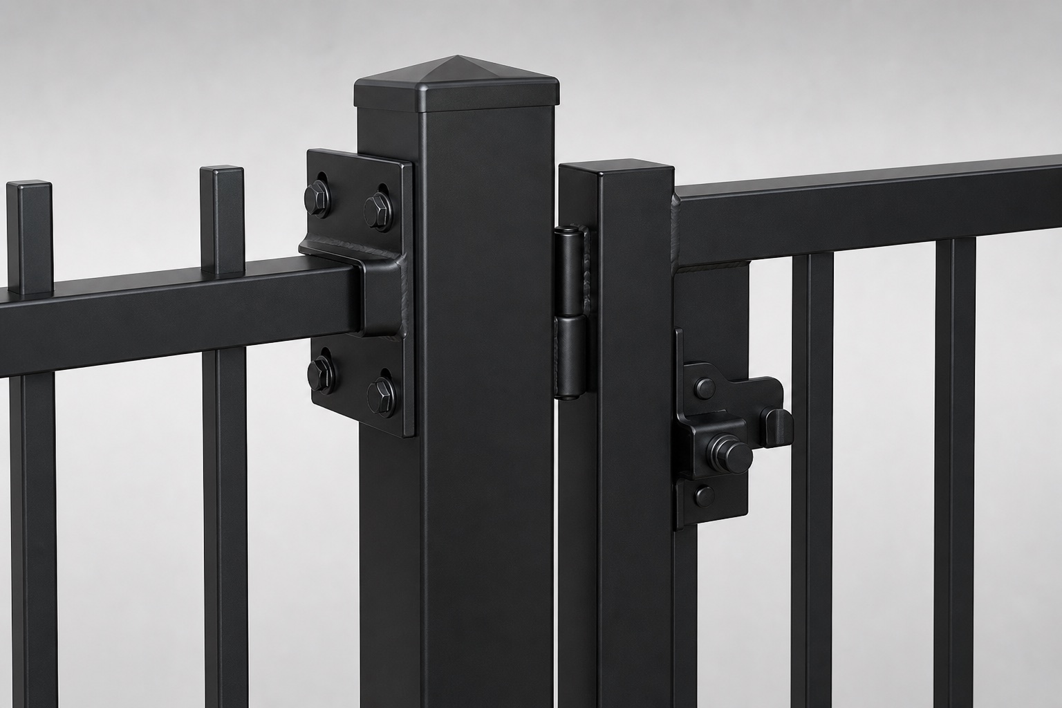 black ornamental steel fence post rail bracket gate hinge and latch detail