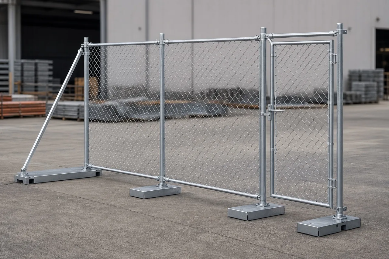portable galvanized chain link fence panels with tubular frames freestanding bases brace clamps and gate