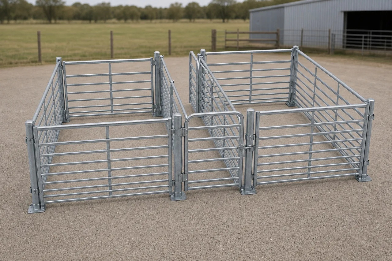 configurable galvanized sheep yard panels with drafting gate joining pins and handling pen layout