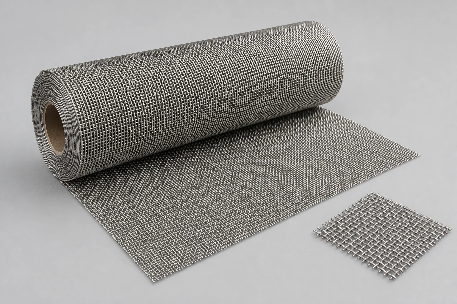 reference stainless steel woven wire mesh roll partly unrolled with square over-under weave sample