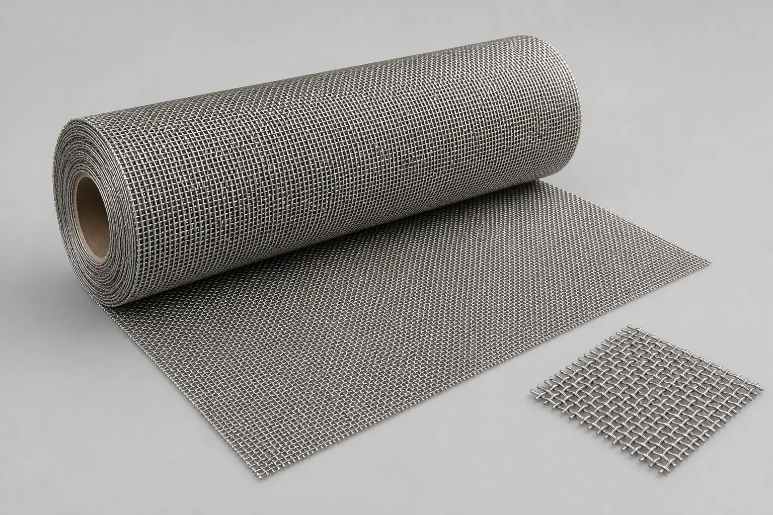 reference stainless steel woven wire mesh roll partly unrolled with square over-under weave sample