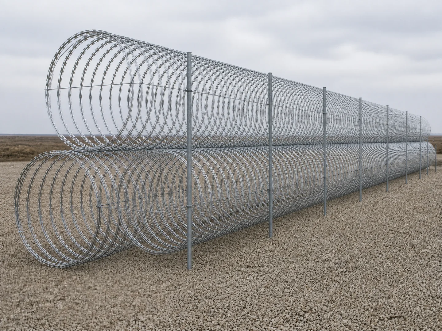 triple concertina wire obstacle with two lower coils one upper coil driven steel pickets and horizontal tie wire