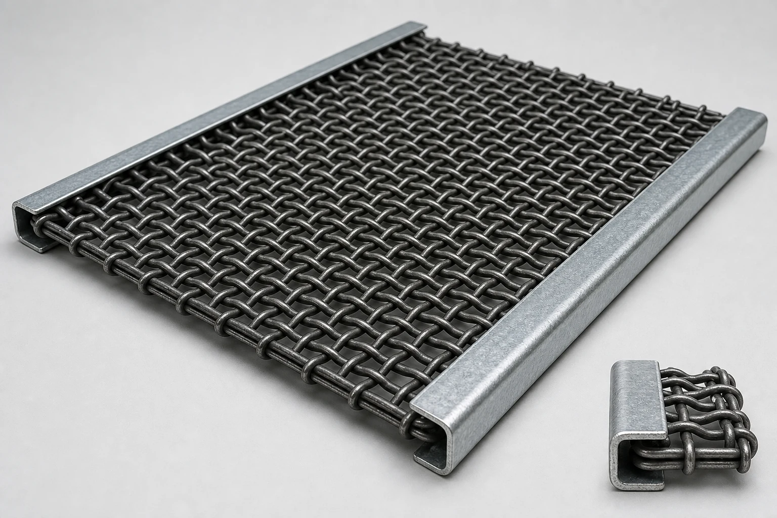 reference heavy crimped woven vibrating screen panel with square openings and edge hook construction