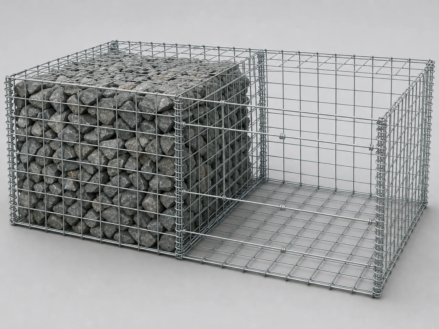 complete filled and empty welded gabion baskets with square mesh spiral connectors and bracing wires