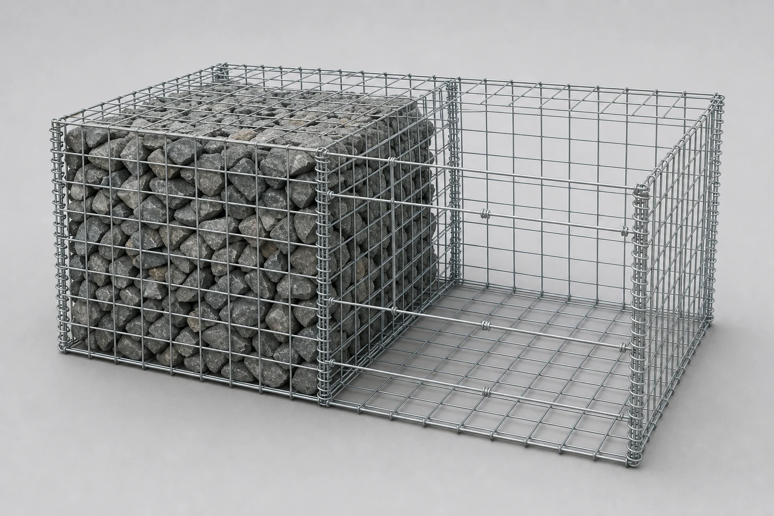 reference complete welded wire gabion basket with square grid panels spiral binders braces and partial stone fill