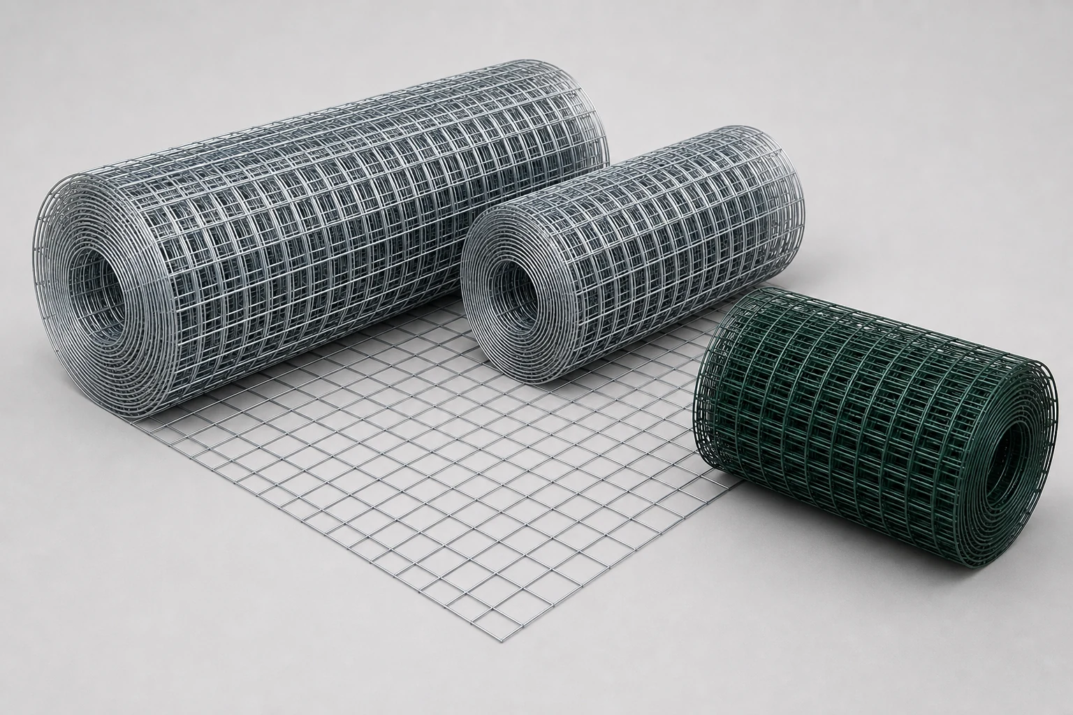 reference galvanized and green PVC coated welded wire mesh rolls with square openings and an unrolled sheet