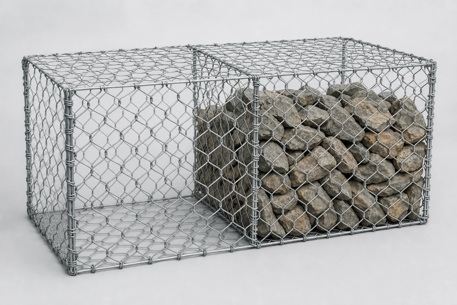reference complete double twist hexagonal woven wire gabion basket with selvedge diaphragm and partial stone fill