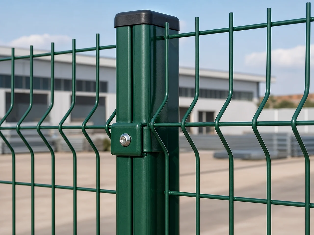 green peach-shaped fence post with welded mesh panel fixing detail