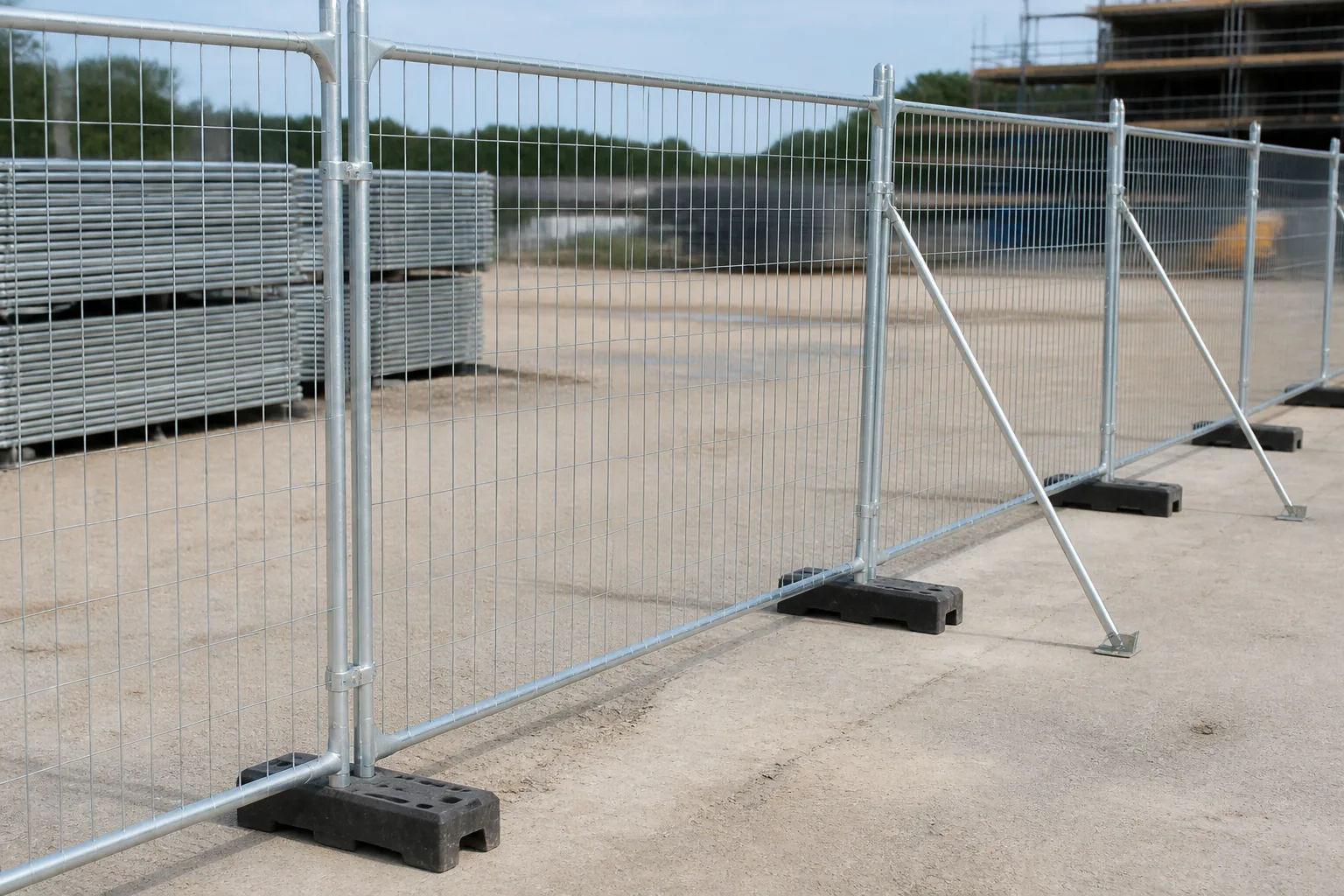 Australian temporary fence panel with weighted foot clamp and support brace